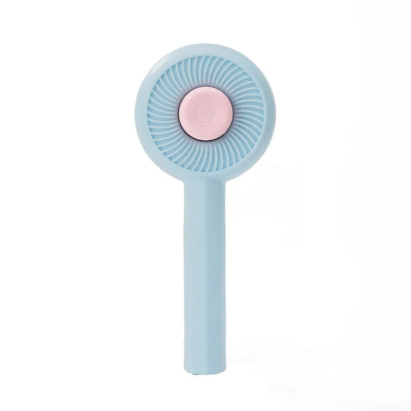 Blue self-cleaning pet grooming brush with angled metal pins