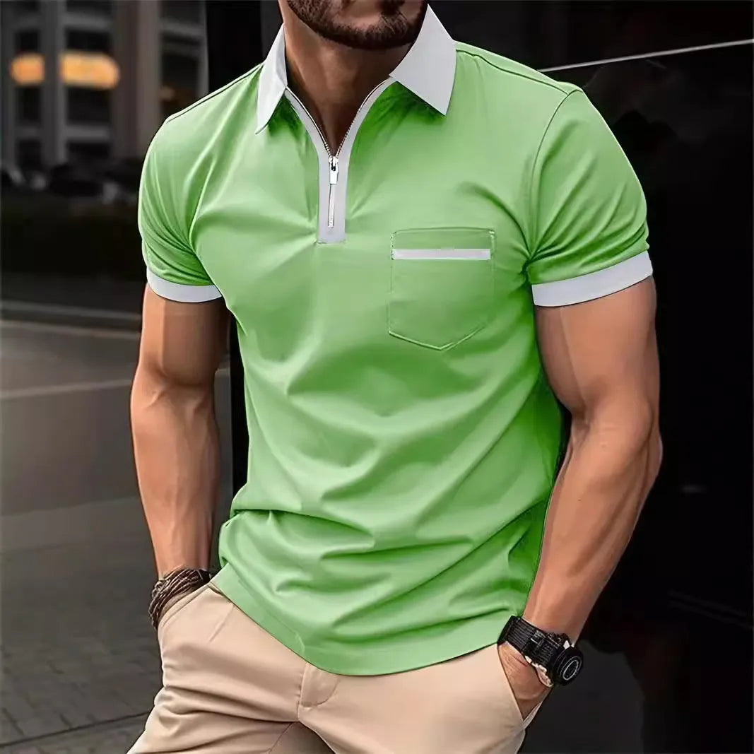 Men's loose fit short sleeve casual shirt with chest pocket and zipper decoration