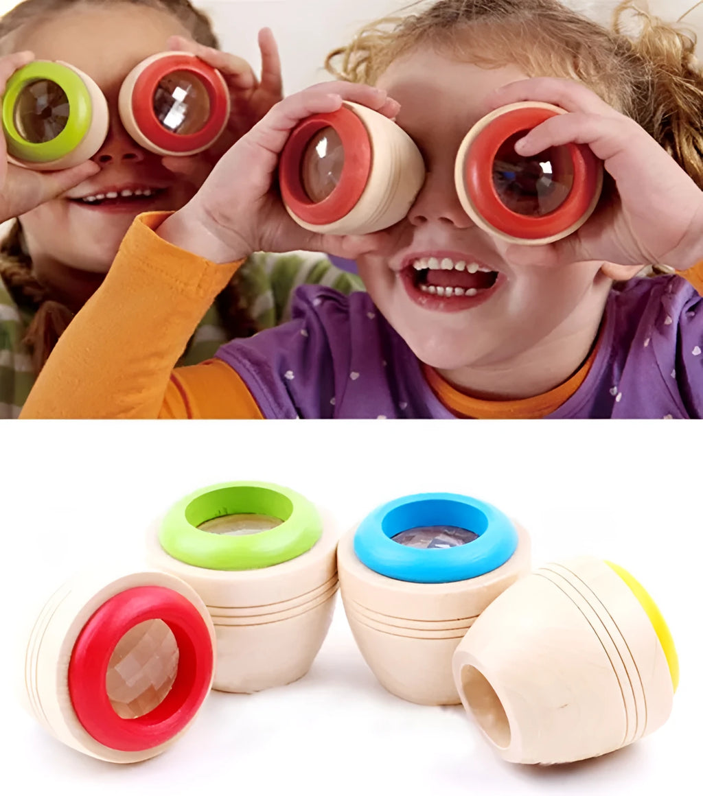 Wooden magic kaleidoscope with water-based paint, rotating effect, 5x5.5cm size, blue, green, red, yellow colours
