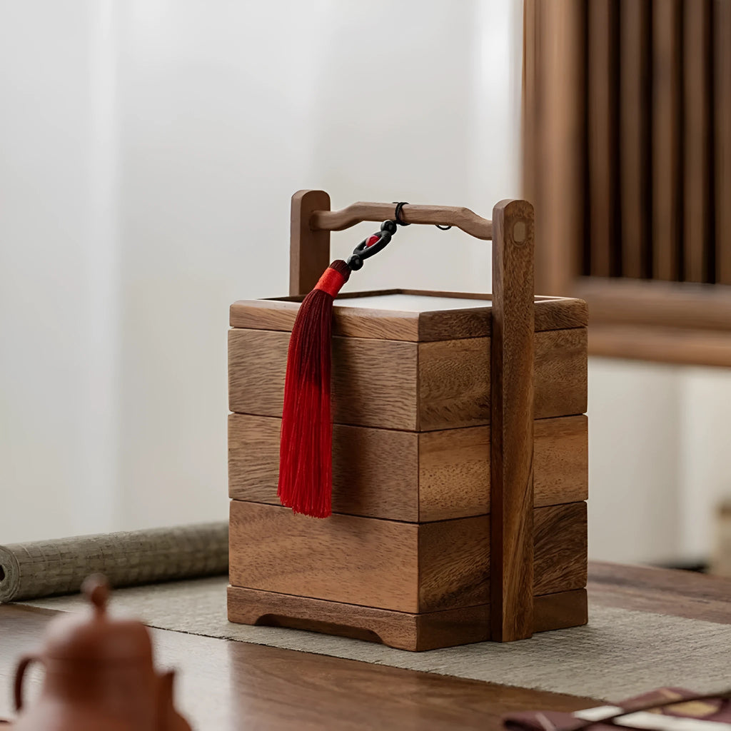 Solid wood snack tray in burlywood with multiple grid compartments for candy and trial portions