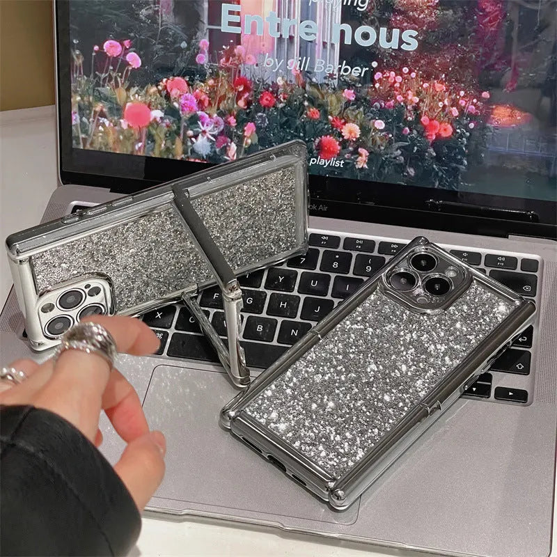 Silver electroplated silicone phone case with glitter and invisible bracket for iPhone