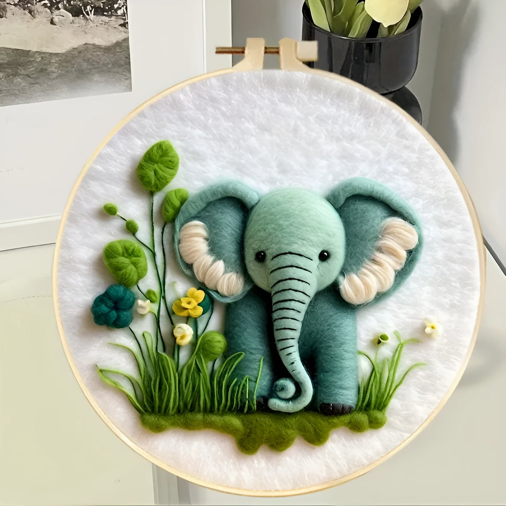 Round fabric embroidery decoration kit with linen material, wool felt, and free frame for three-dimensional blanket painting