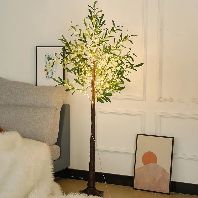 1.8 metre tall artificial olive tree lamp with warm white LEDs lit up, suitable for courtyard or garden decoration.