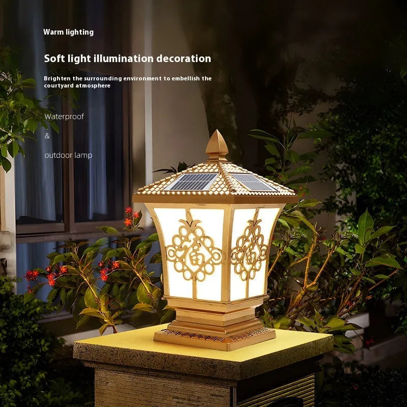 Black small size solar pillar lamp with flower shape, IP65 rated, 12W outdoor garden light
