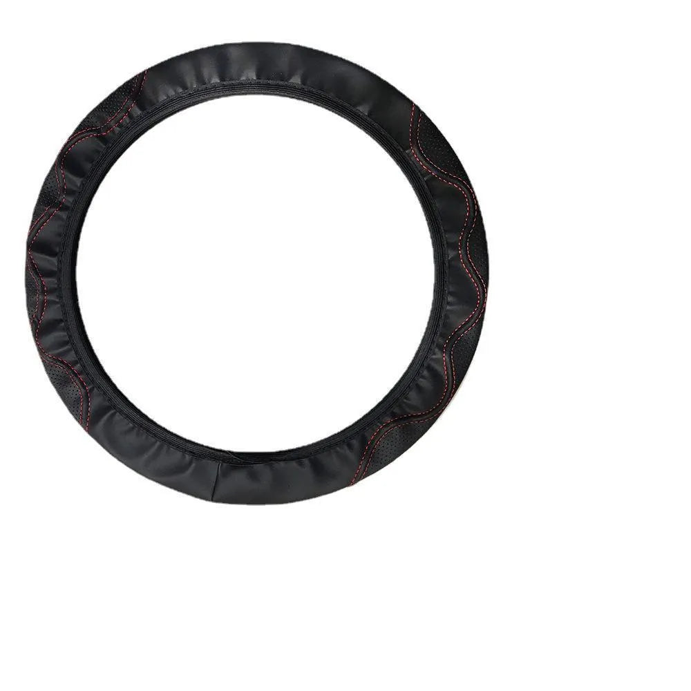 Elastic embossed corrugated PU leather steering wheel cover shown in black and red, suitable for 37-38cm wheels