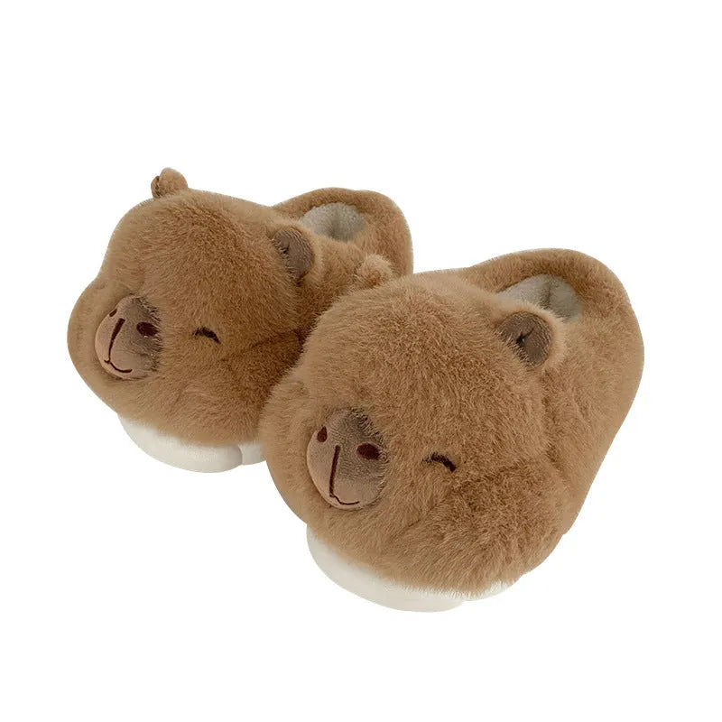 Women's light brown winter slippers with plush upper, artificial wool lining, and cartoon pattern in UK sizes 36-41