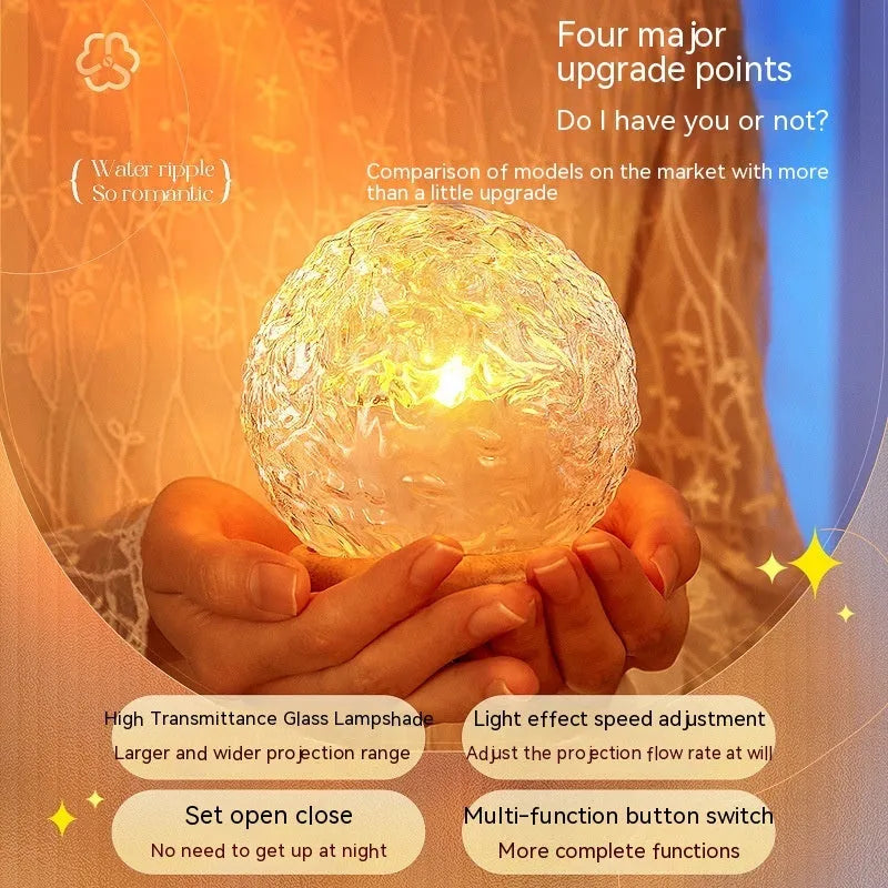 Projector night lamp with water ripple effect and remote control on a bedside table