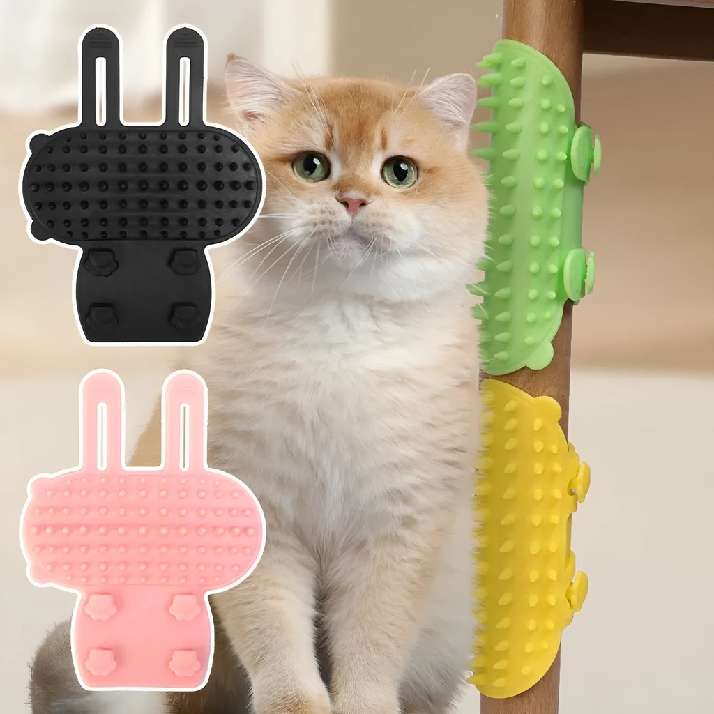 Silicone cat grooming and scratching comb with adjustable strap in black, green, pink, or yellow.