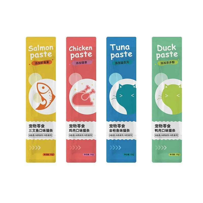 Pack of cat strip snacks showing four nutritional flavour varieties for kittens and adult cats