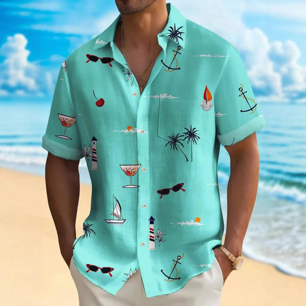 Man wearing a loose-fit, short-sleeve Hawaiian shirt with a vibrant digital print pattern.