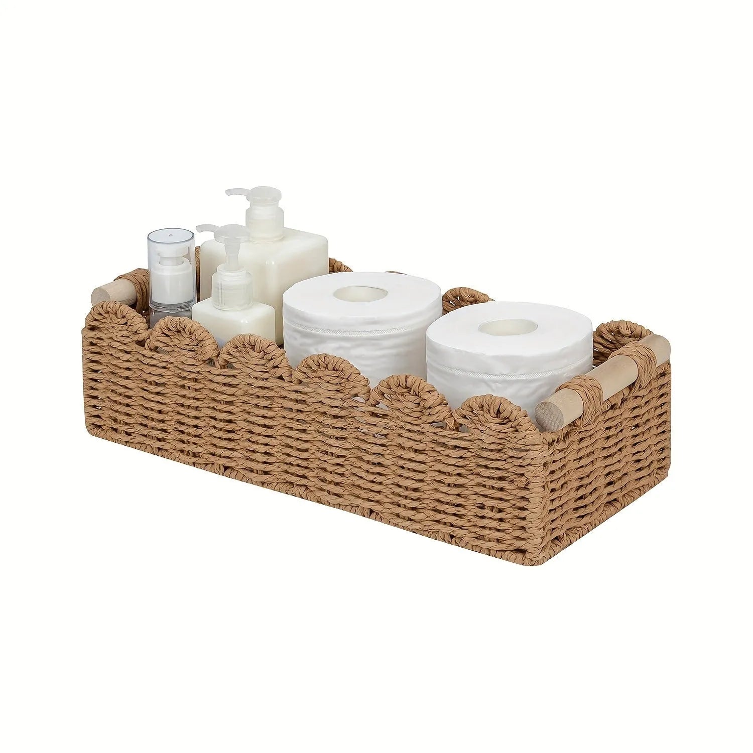 Modern minimalist woven paper storage basket on a desktop, holding remote controls and pens.