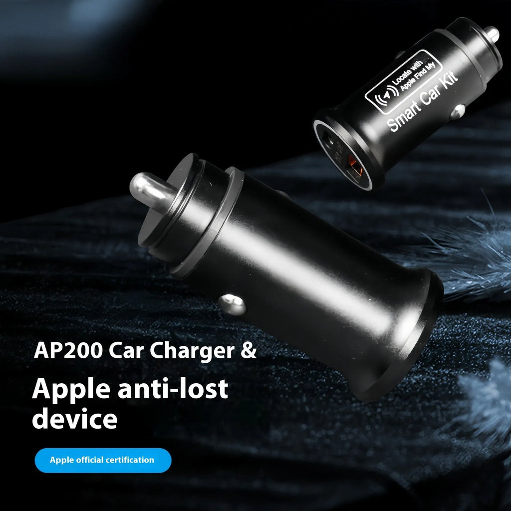 Black car GPS locator with a 12V cigarette lighter plug and a coiled 1.5-metre power cable on a dark surface.