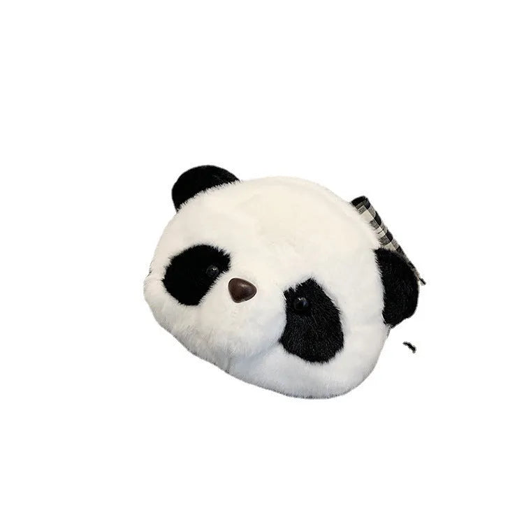 Soft plush Panda Head design cylindrical crossbody bag showing front view and pocket.