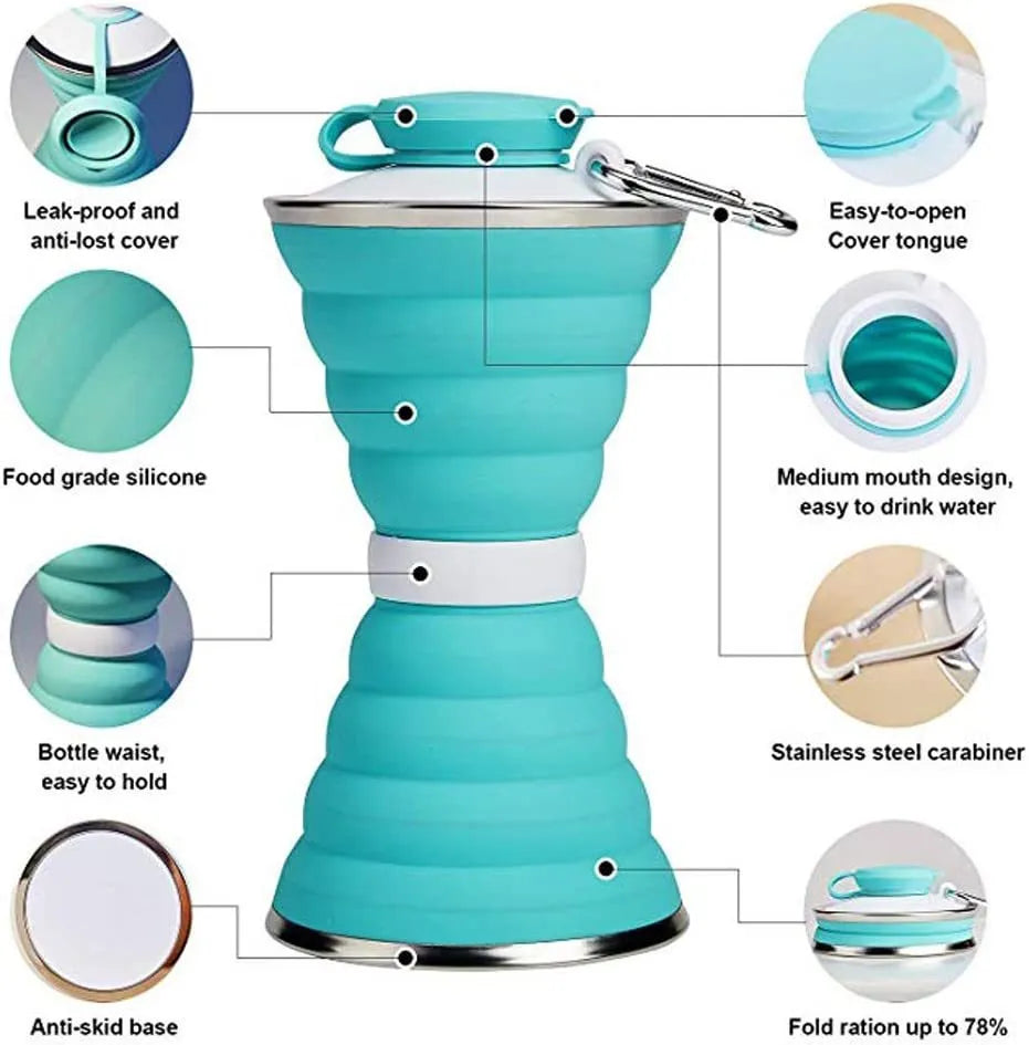 500ml silicone collapsible water bottle cup shown both expanded and folded with stainless steel rim