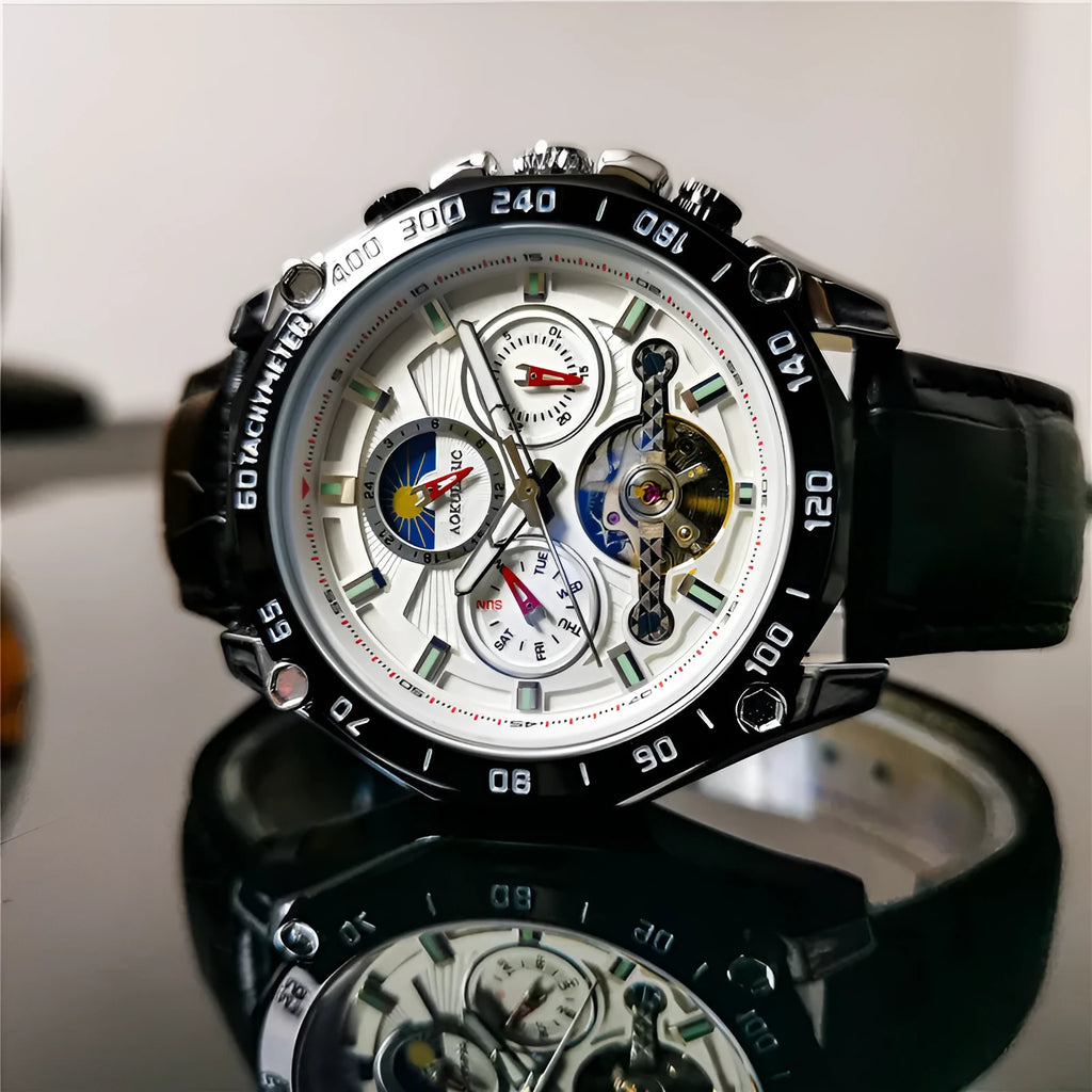 Men's automatic mechanical watch showing multifunction dial on a 12mm thick case in a silver and black colour variant.