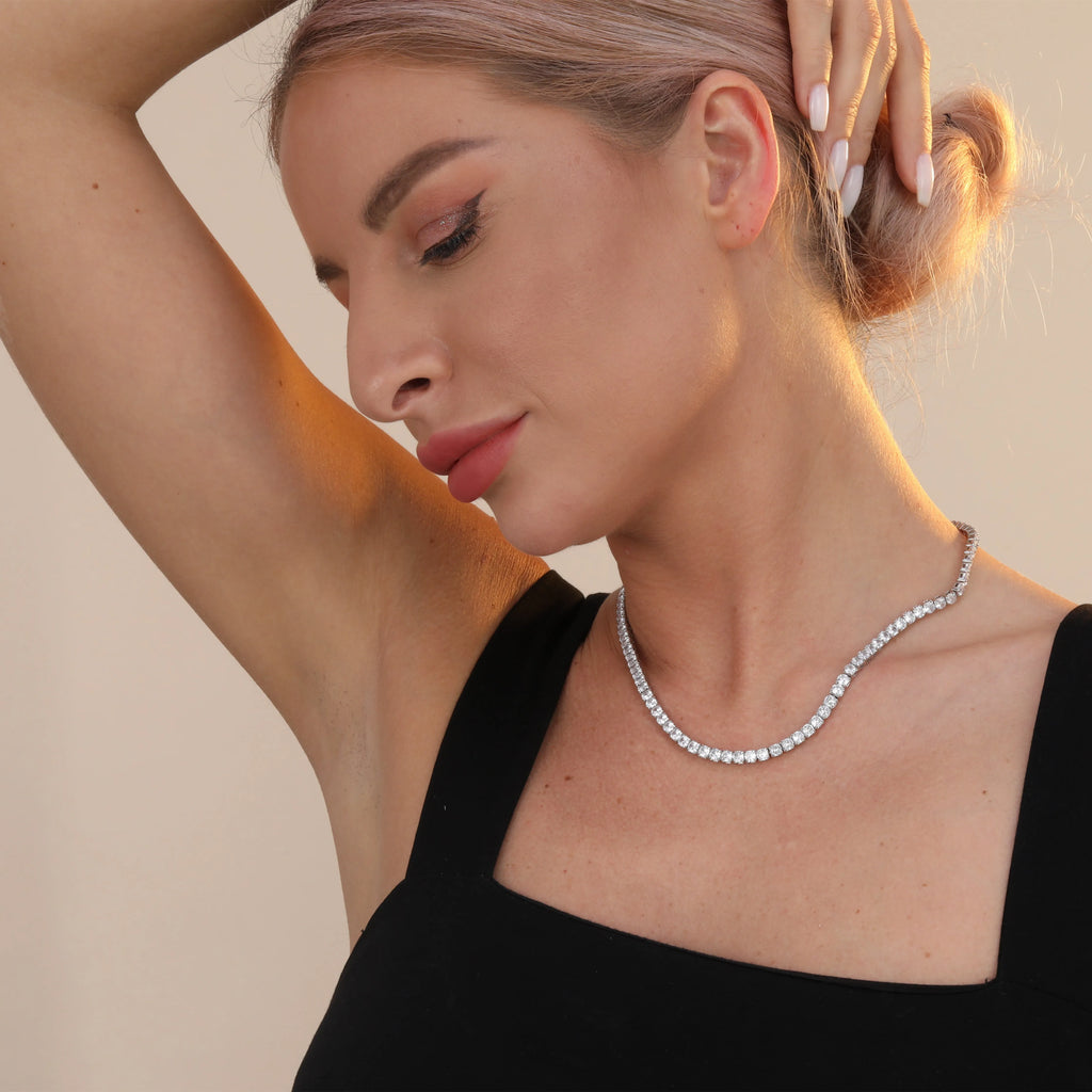925 sterling silver tennis chain with 4mm cubic zirconia stones, white gold plated, silver colour