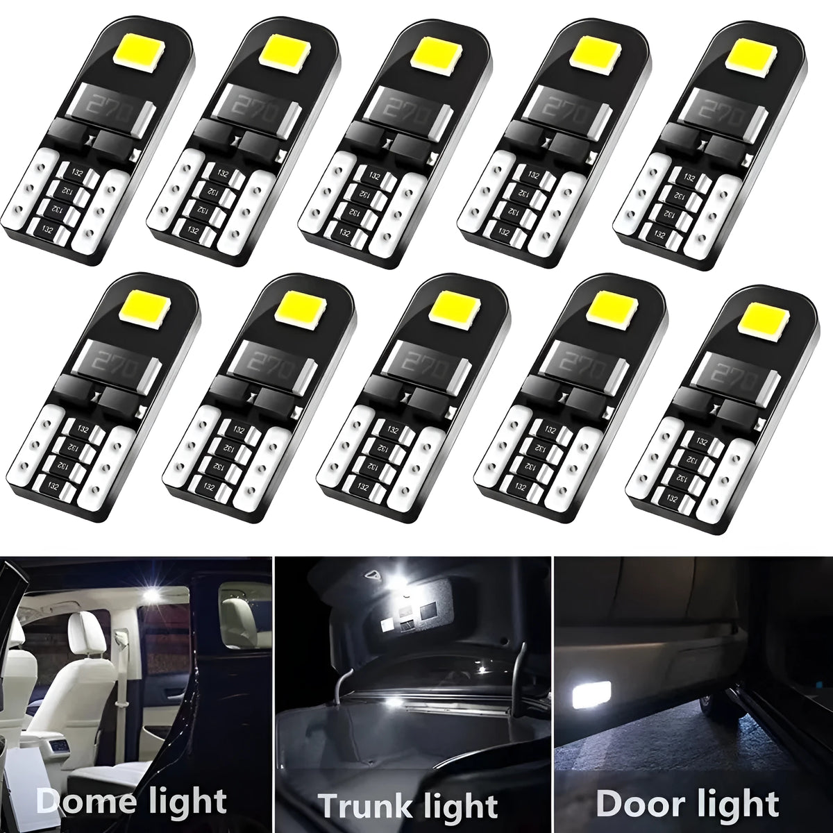 T10 W5W 2W white LED car light bulb with circuit board construction and waterproof rating