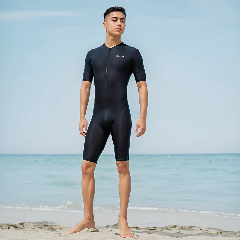 Men's quick drying short sleeved one-piece swimsuit in solid colour Sharp Kiss Black Shark FLT001