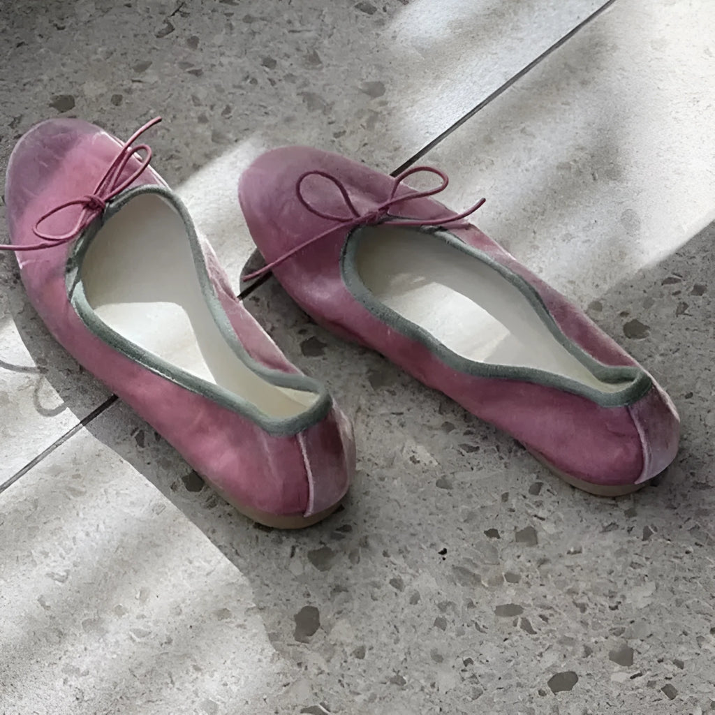 Peach pink suede French retro bow flat ballet slipper with low heel and round toe