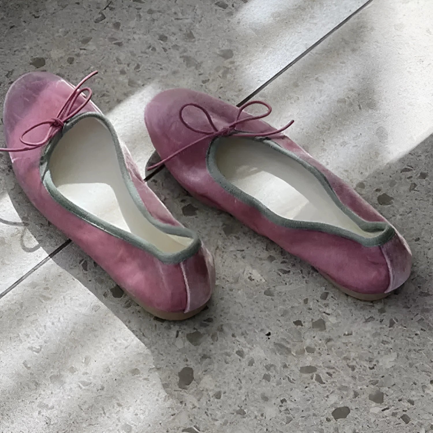 Peach pink suede French retro bow flat ballet slipper with low heel and round toe