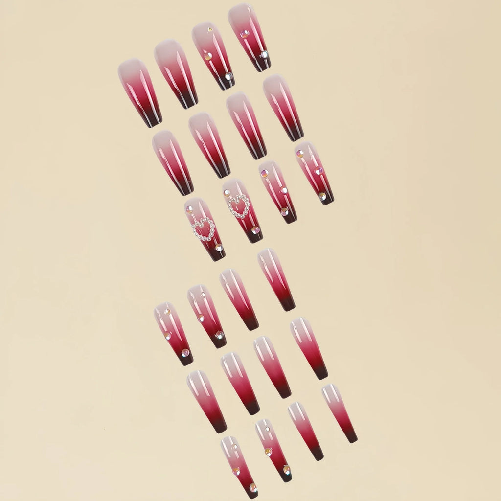 Wine red gradient plaid artificial nail tips with heart and pearl decorative elements in long ballet style