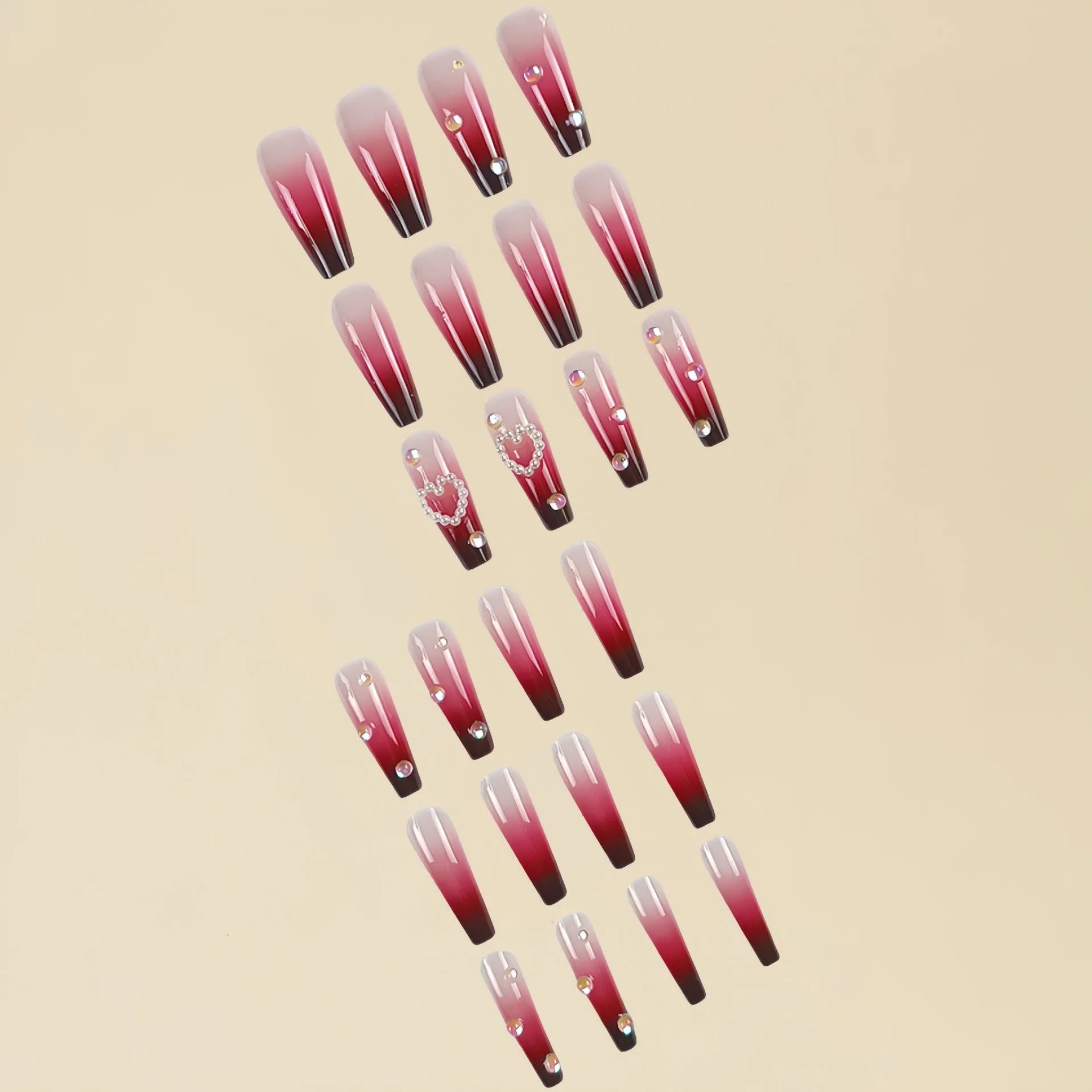 Wine red gradient plaid artificial nail tips with heart and pearl decorative elements in long ballet style