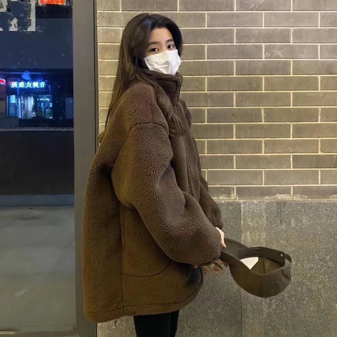 Thickened particle lamb fleece coat for women in beige, regular fit, polyester fabric