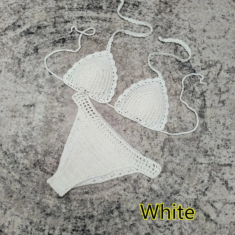 Women's white handmade crochet bikini swimsuit set with a separate matching skirt.