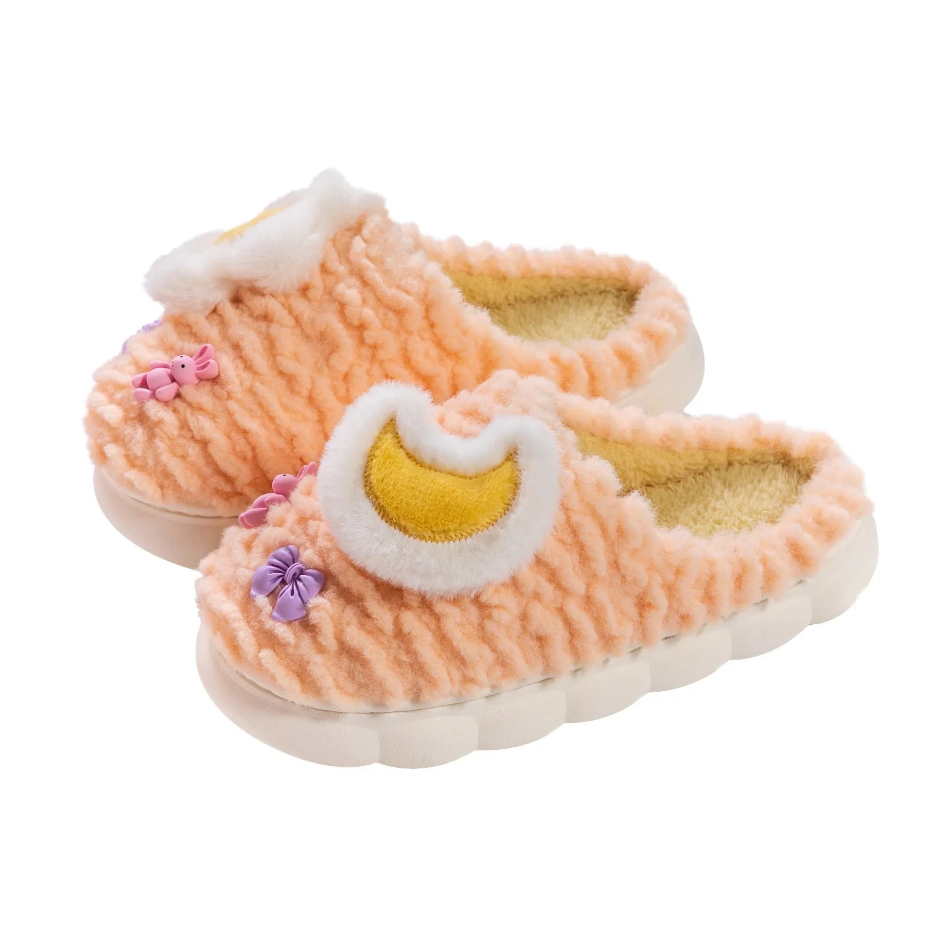 Women's light blue cartoon fleece-lined plush slippers with floral pattern and round toe.