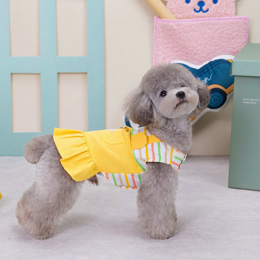 Striped patchwork dog skirt in cotton material showing orange and yellow colour options