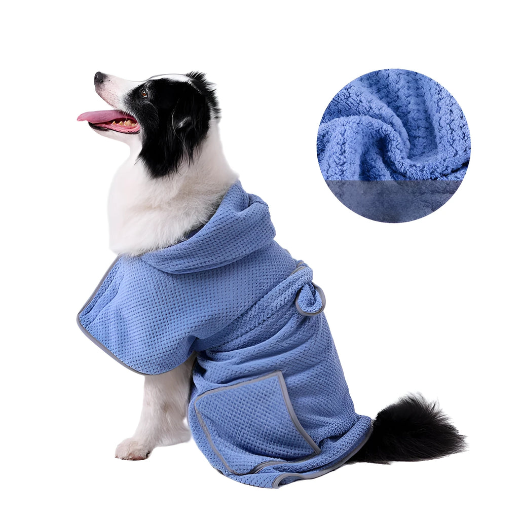Blue dog bath robe towel with adjustable waistband on a medium-sized dog after a bath