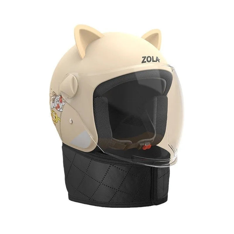 Blue winter electric bicycle helmet with attached fleece scarf and clear anti-fog visor on handlebars.