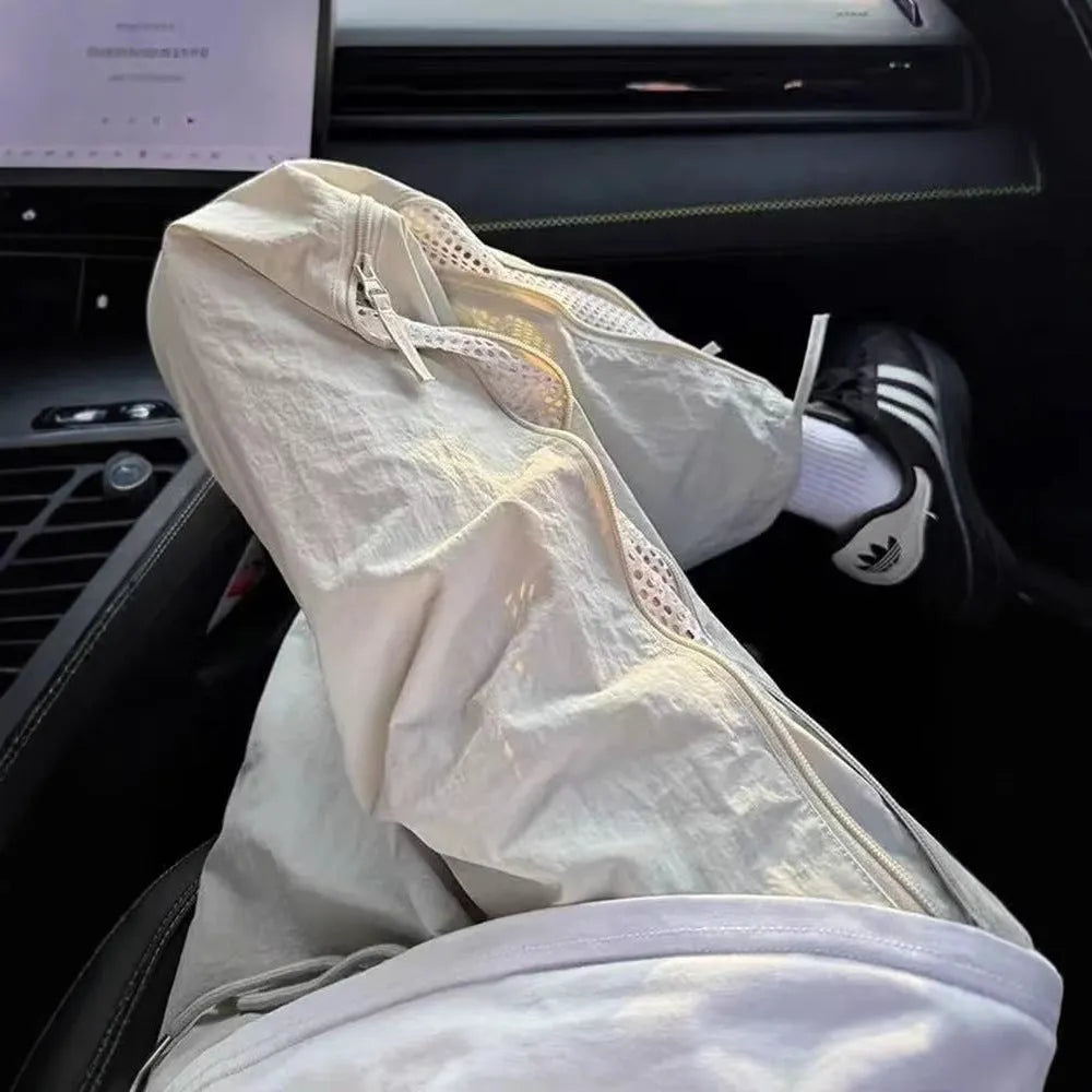 Men's side zip outdoor technical trousers black light gray polyester straight-leg summer