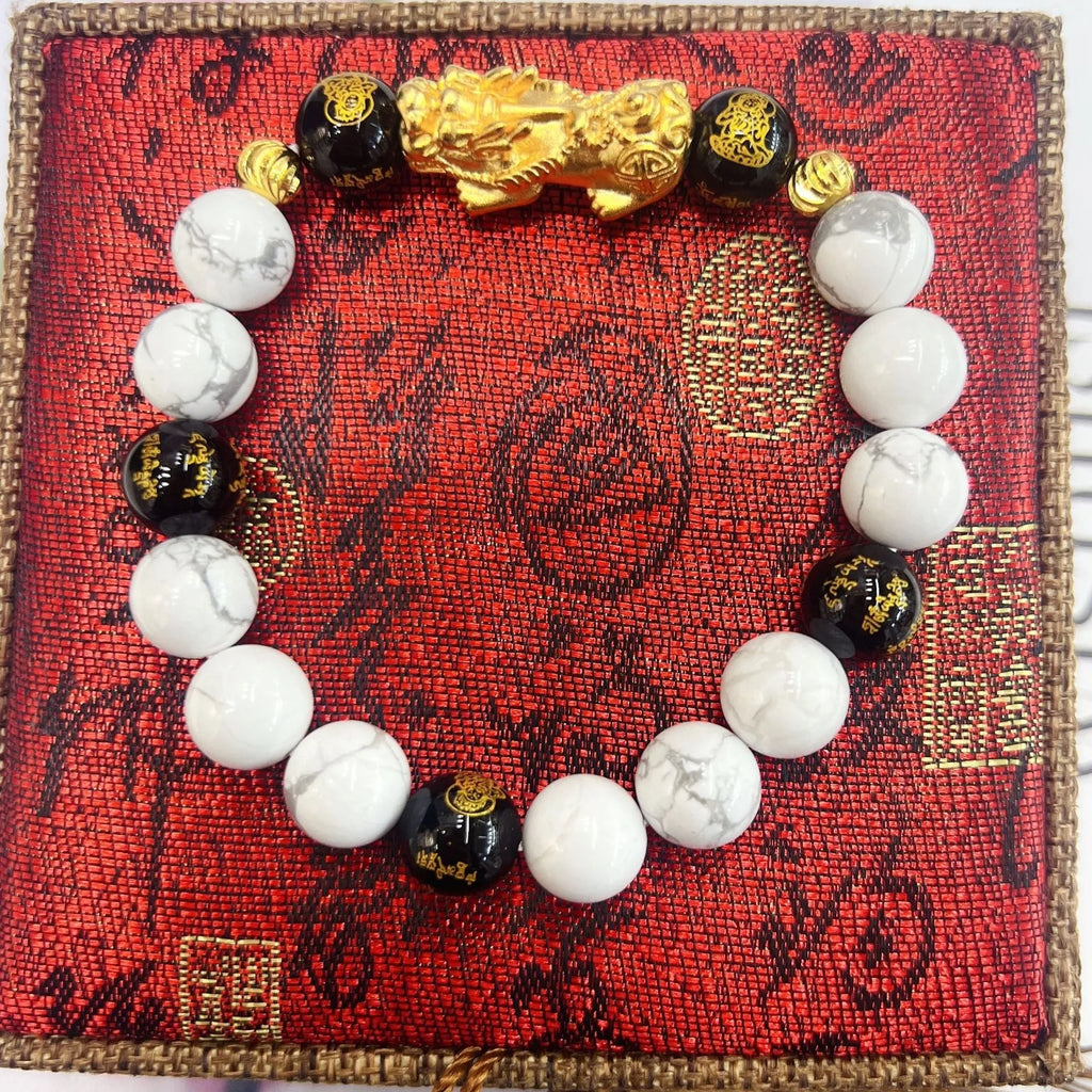 Vintage white turquoise and black agate couple bracelet with adjustable 15-17cm sizing
