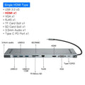 Grey aluminium alloy USB C docking station with ten ports and an integrated cooling bracket.
