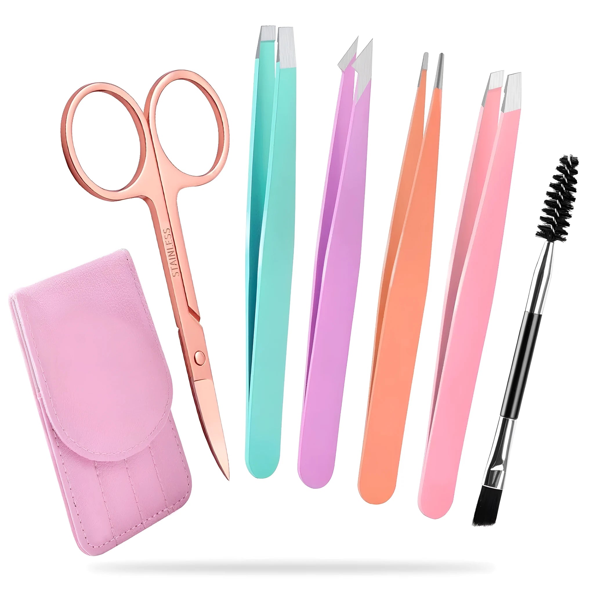 Professional 6-piece eyebrow tweezer set with stainless steel tools and leather case