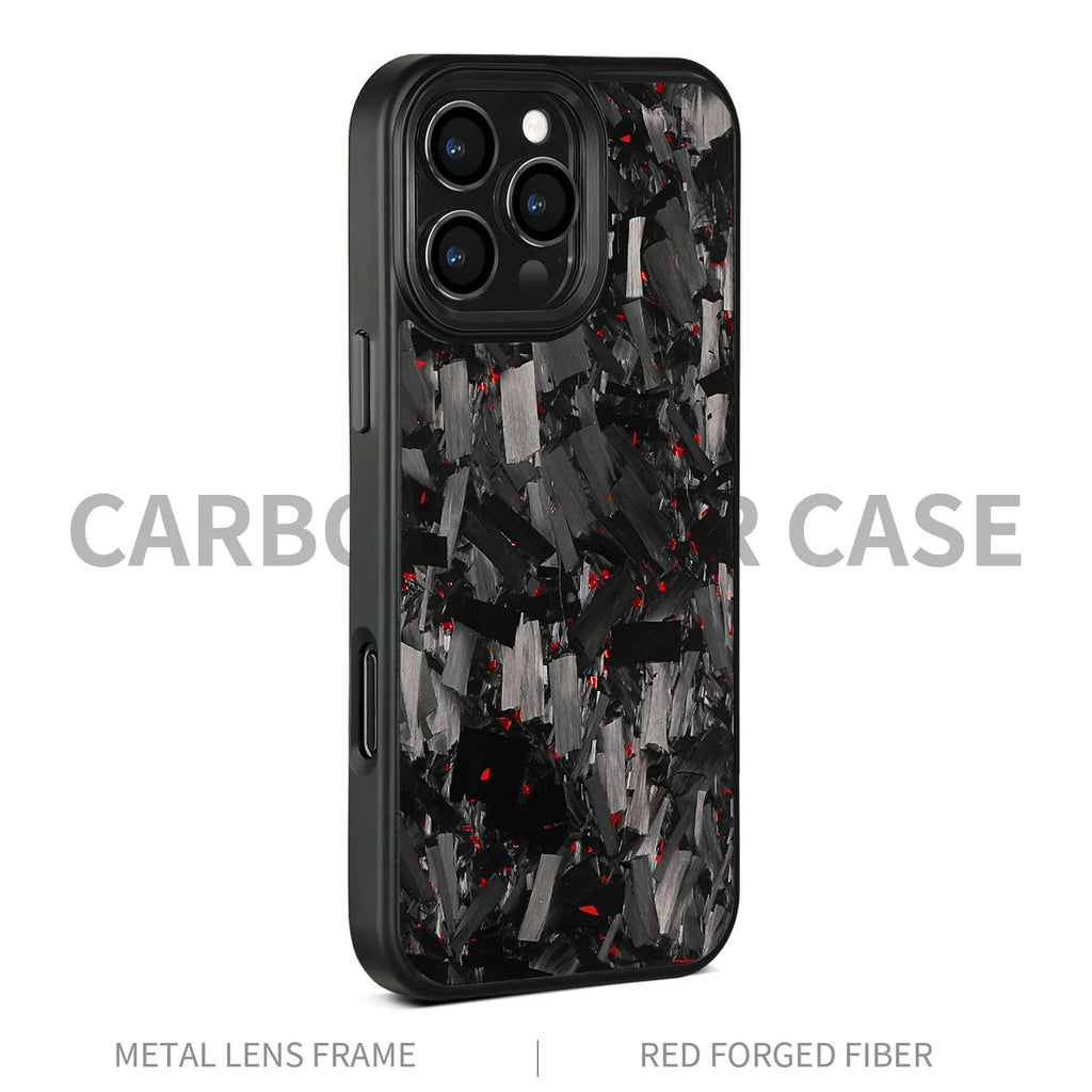 Black metal frame magnetic protective phone case with blue-gold forged carbon fibre pattern for iPhone 17 models.