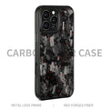 Black metal frame magnetic protective phone case with blue-gold forged carbon fibre pattern for iPhone 17 models.
