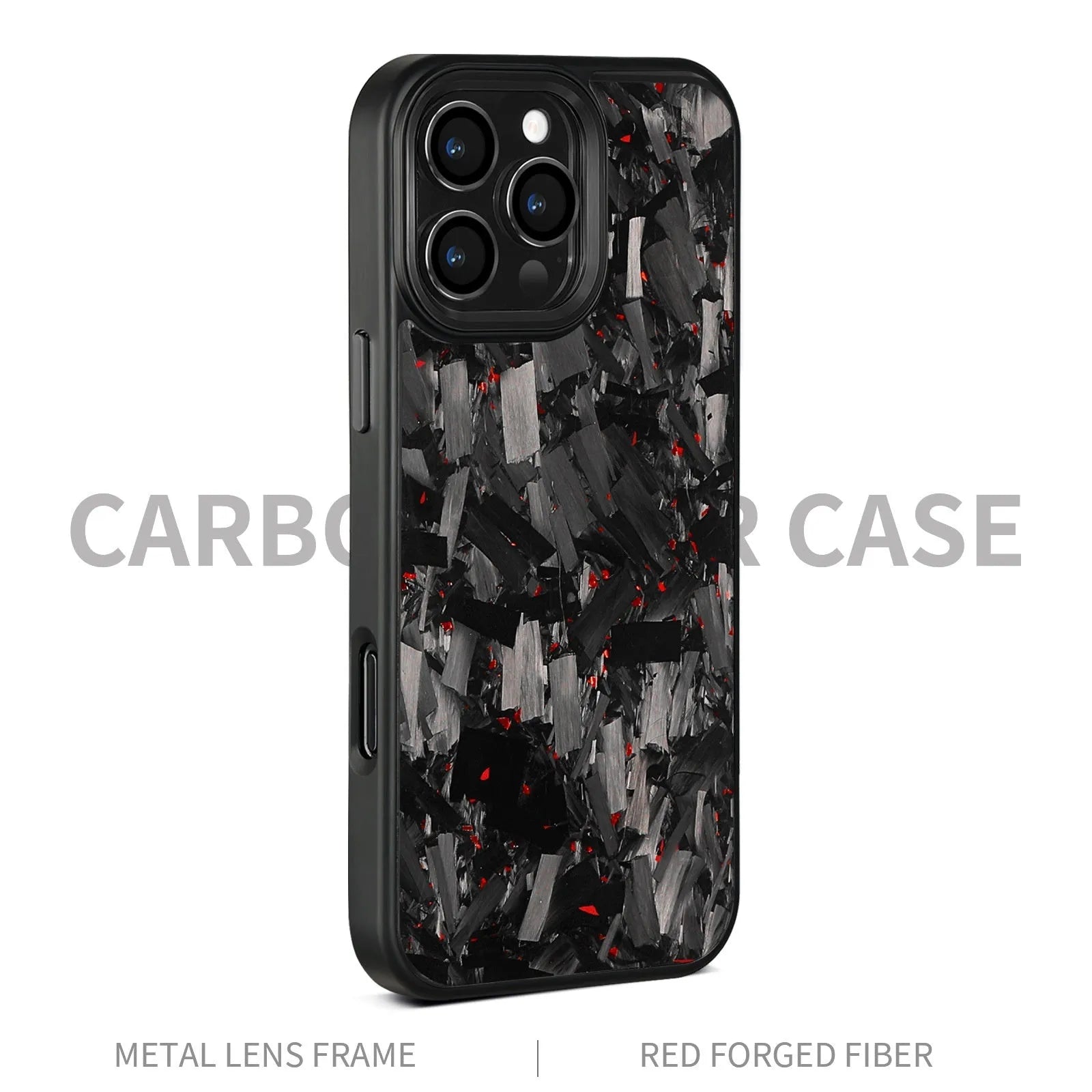 Black metal frame magnetic protective phone case with blue-gold forged carbon fibre pattern for iPhone 17 models.