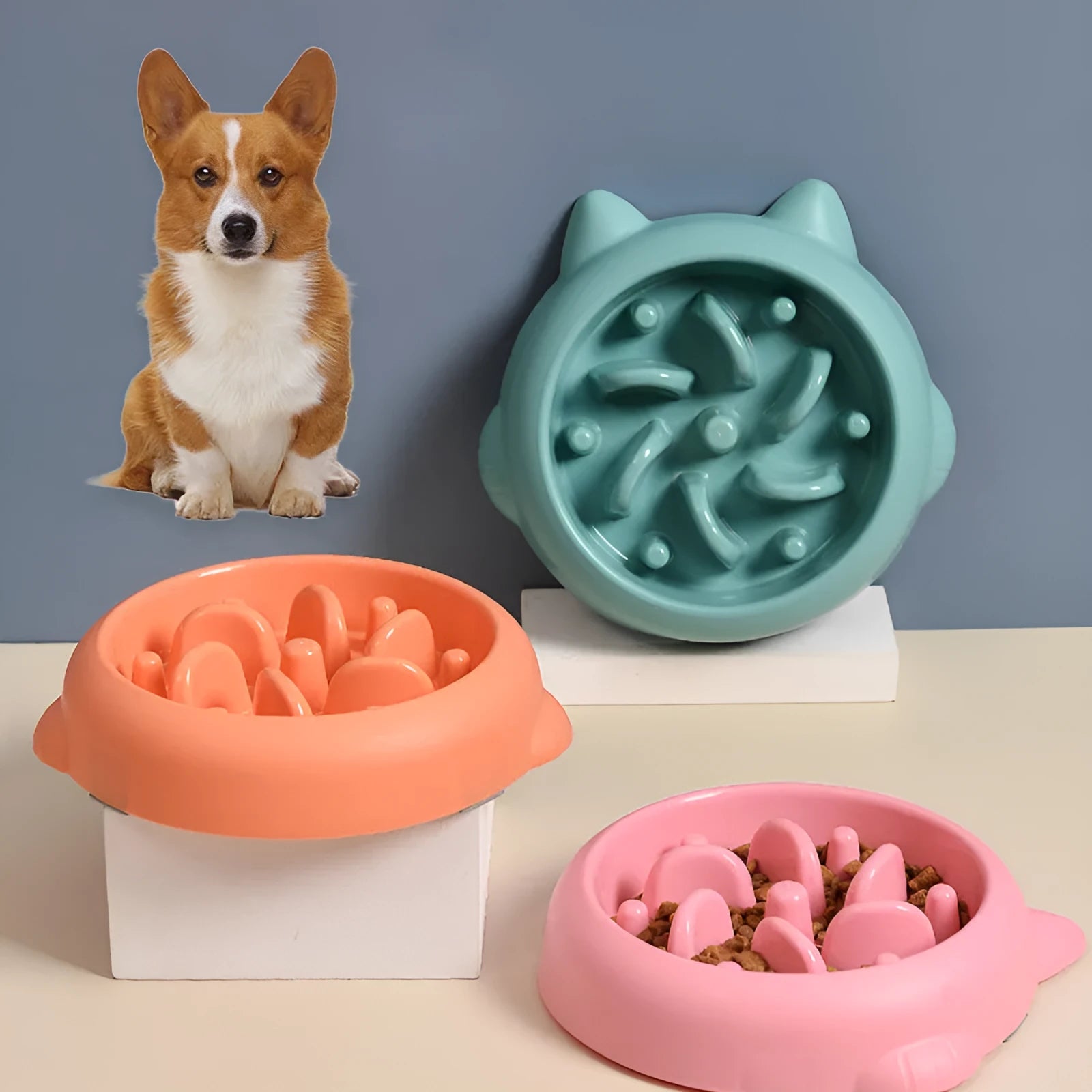 Green bone-shaped slow feeder dog bowl with internal ridges for anti-gulping.