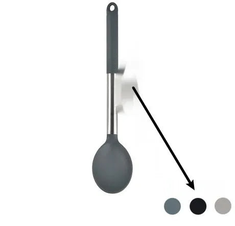 Silicone kitchen utensil set with twelve tools in a rotating white storage caddy on a counter.