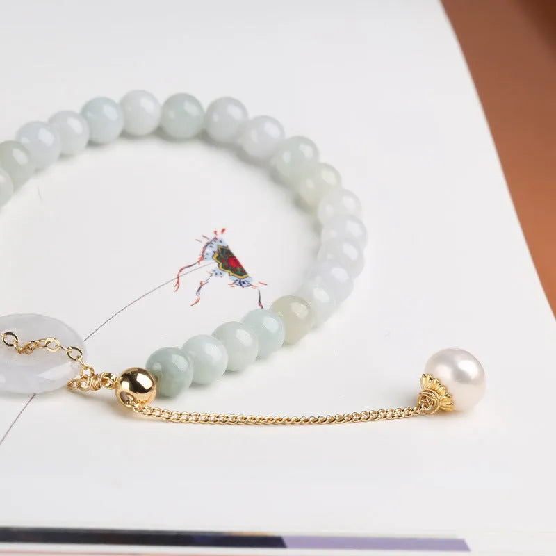 Handmade natural jade pearl bracelet with peace buckle design and geometry-shaped national style elements