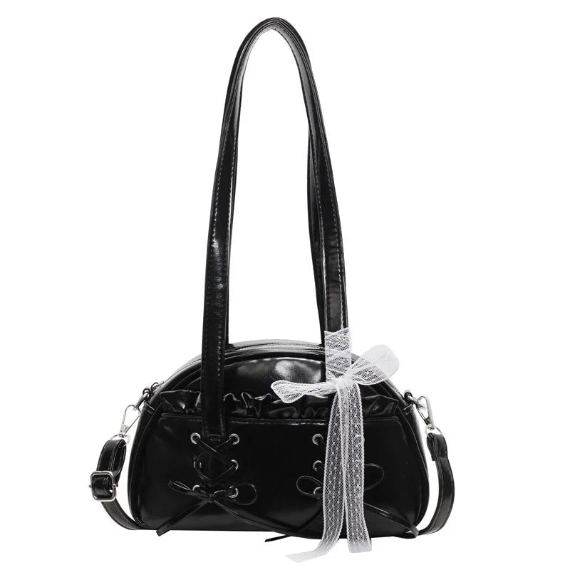 Women's casual PU shoulder handbag with bandage bow design in milky white colour showing sewing thread details