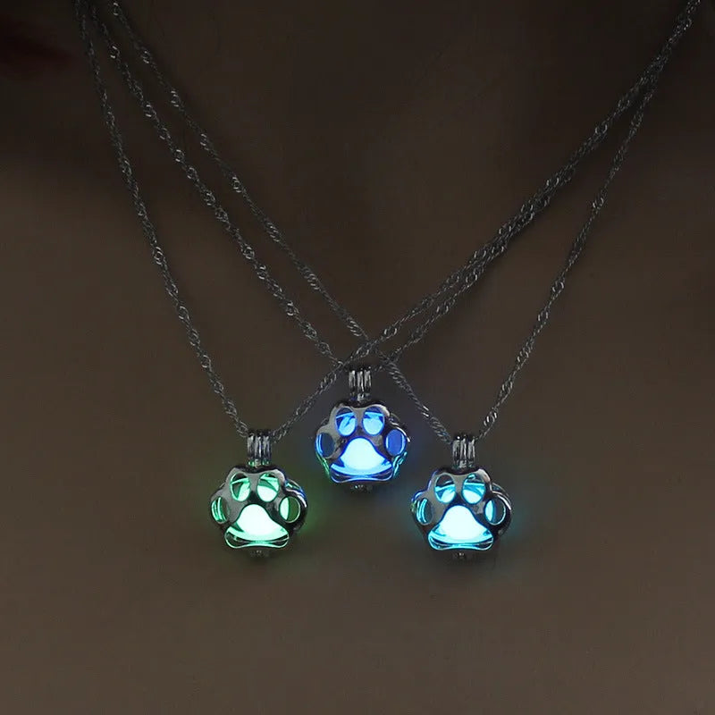 Dog paw hollow luminous necklace alloy pendant 45cm chain blue green