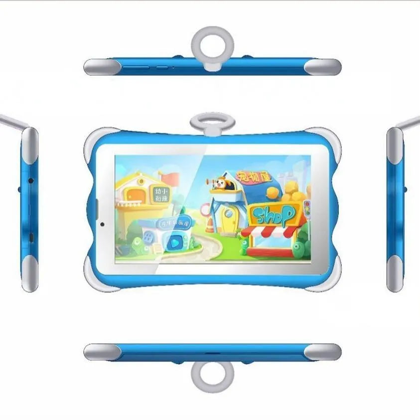 7-inch children's learning tablet with stand in cartoon colours showing IPS screen and 3G calling capability