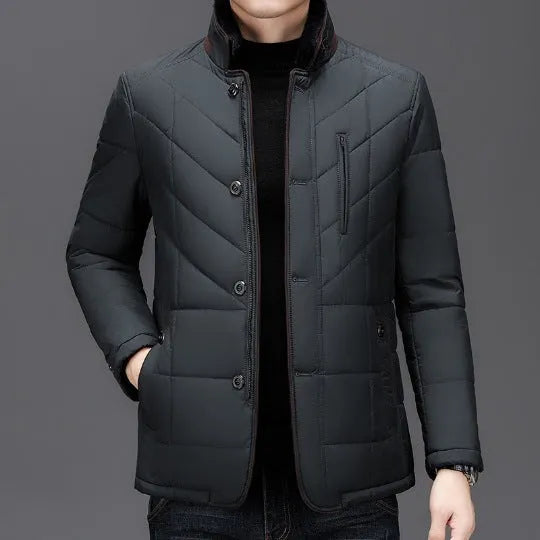 Men's solid colour winter short coat with side seam pockets, available in dark blue.