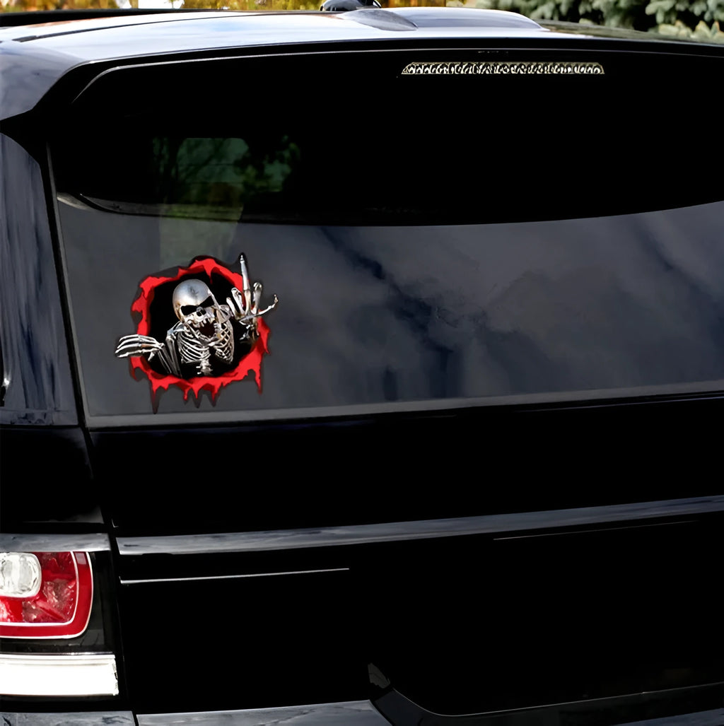 Reflective metal skull bumper sticker with colourful broken shell pattern measuring 15cm by 14cm