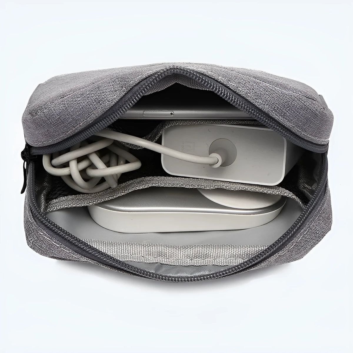 Multi-purpose polyester buggy bag for digital accessories and travel items, shown in gray handbag style