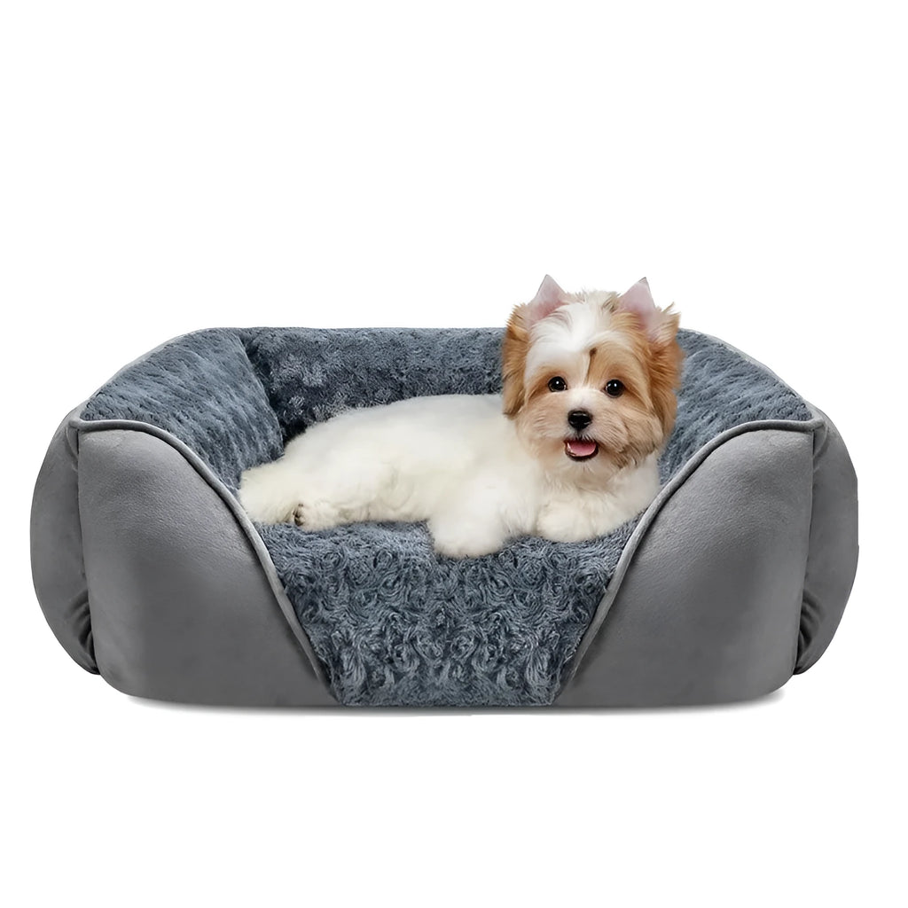 Beige faux fur dog bed with raised stuffed sides and a removable cover, shown in a large size.