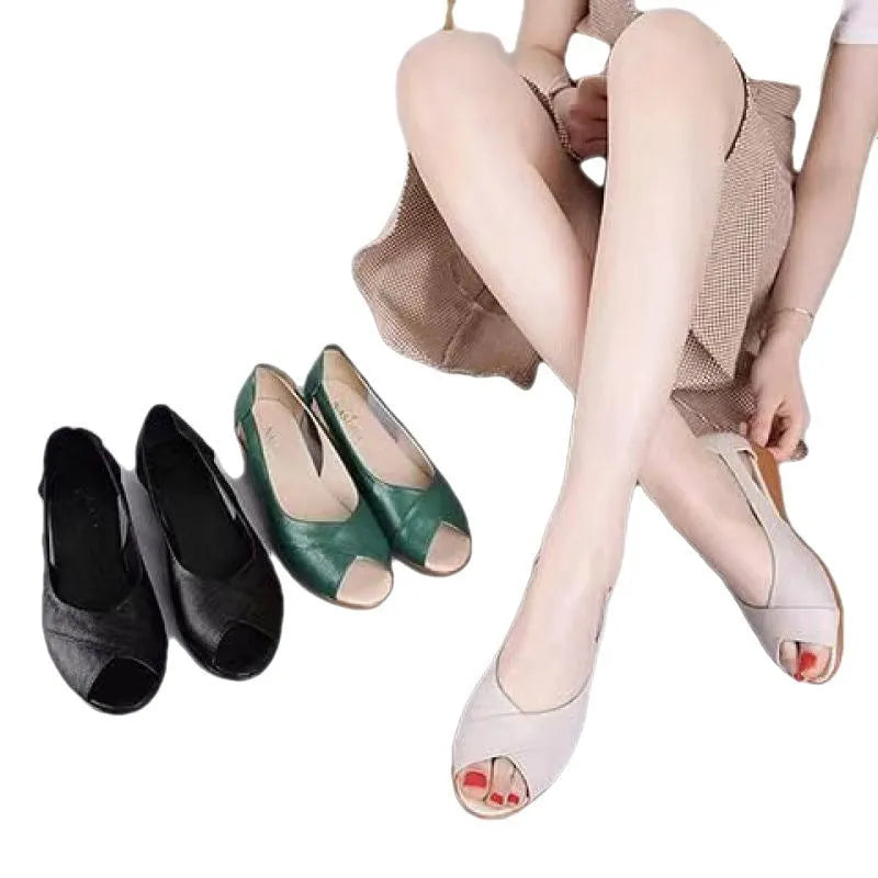 Women's casual peep toe mid heel sandals in black with ankle buckle and rubber sole